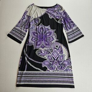 Carole Little Floral Geometric AOP 3/4 Sleeve Shift Dress 12 Slinky Office